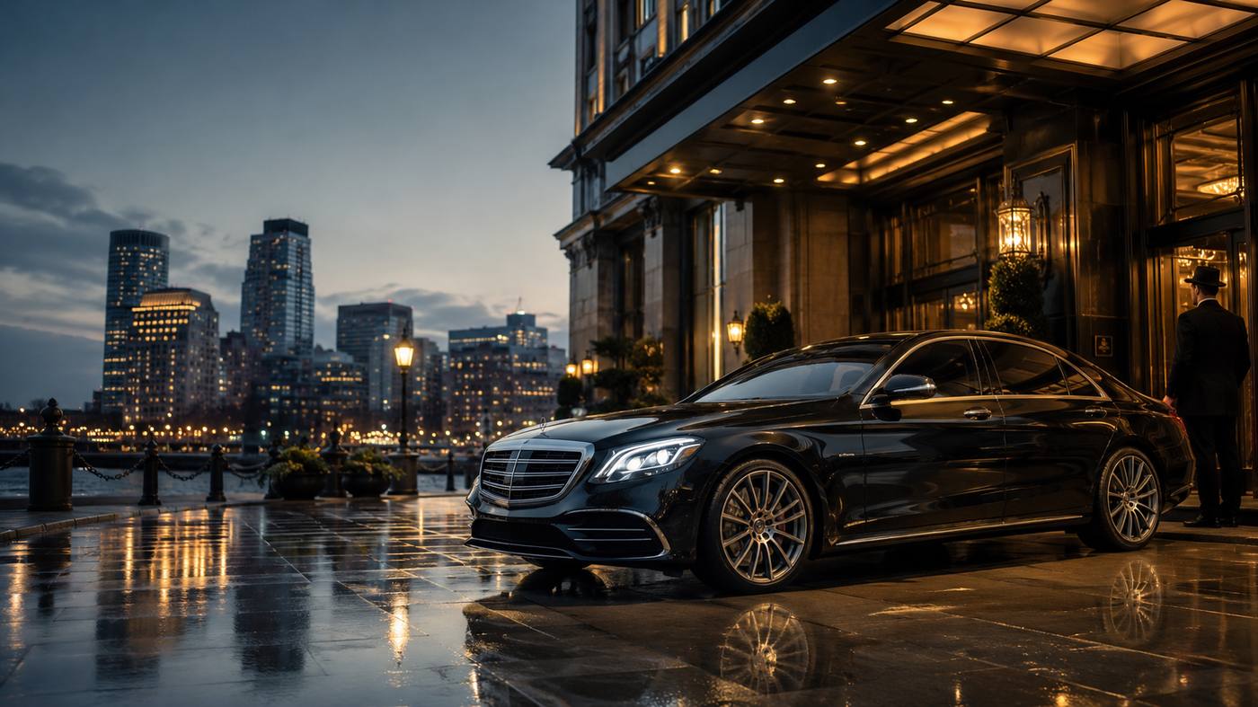 Luxury black car at Boston city hotel entrance